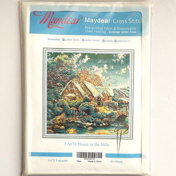 House in the Hills Stamped Cross Stitch Kit Maydear 20" x 20" Cottage Scene - Picture 2 of 5
